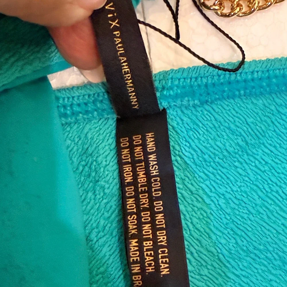 Vix Paula Hermanny Bikini Set S/XS Turquoise Gold Chain Textured Smocked Brazil